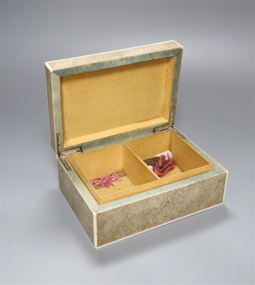 A shagreen and ivory cigarette box, width 18cm